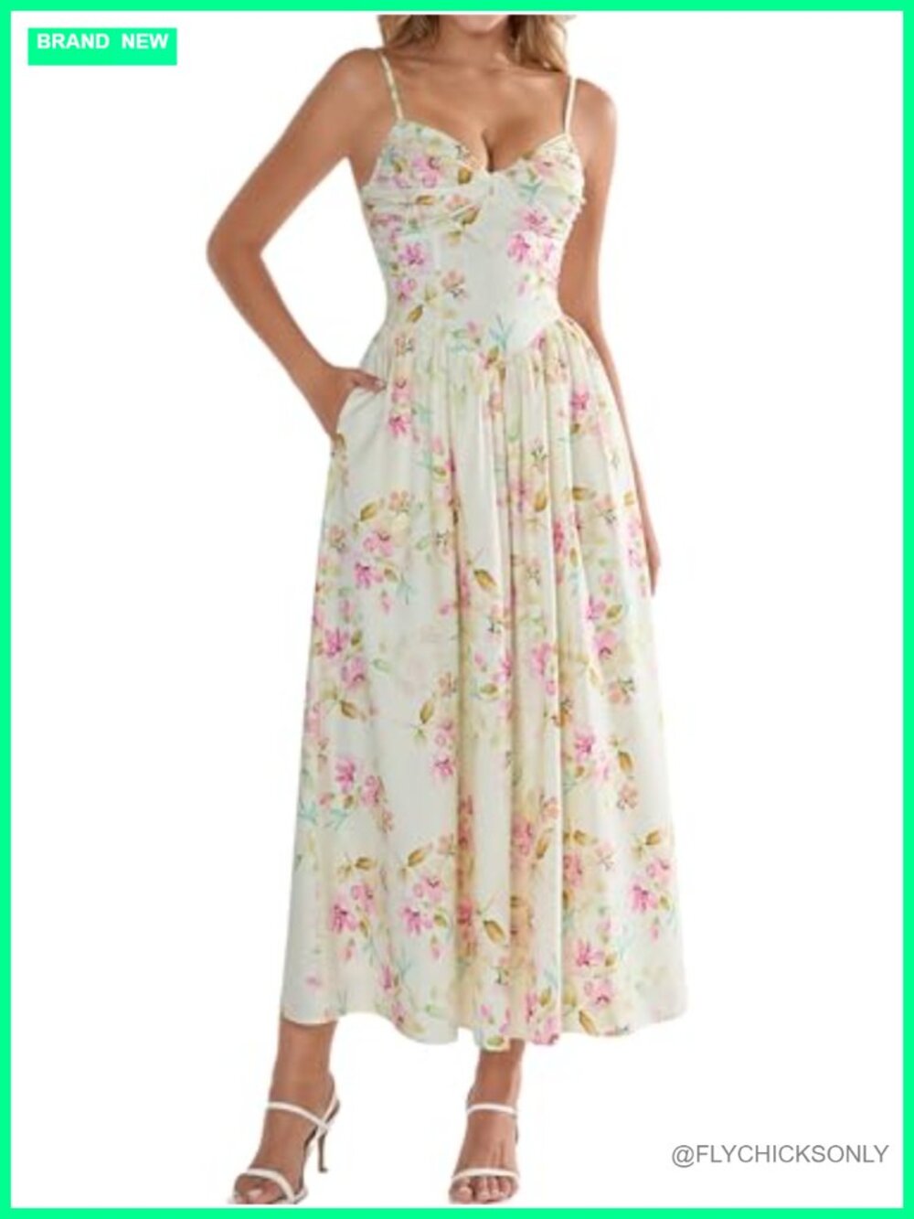 Floral Midi Dress with Pockets Spaghetti Strap Sweetheart Neck Wedding Guest